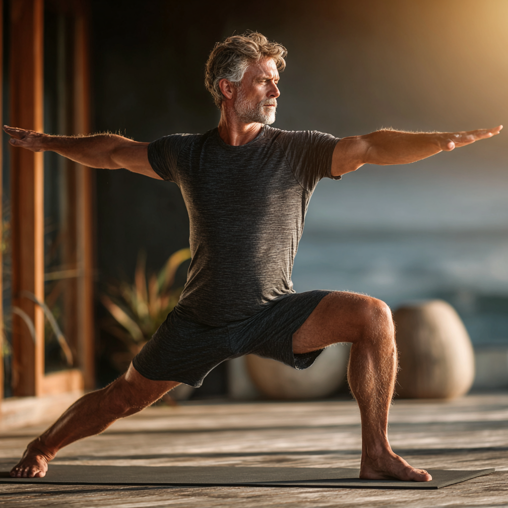 Serene mature man in his 50s practicing yoga warrior pose on a wooden deck outdoors, wearing comfortable yoga attire, with peaceful expression and natural lighting